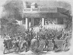 Destruction of a Bungalow at Meerut. Illustration for The Illustrated Times, 8 August 1857.