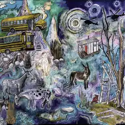 Colorful rendering of a dream-like scene, showing school buses balancing on hills, helicopters flying overhead, various donkeys and horses, and a tall tree (among other things).