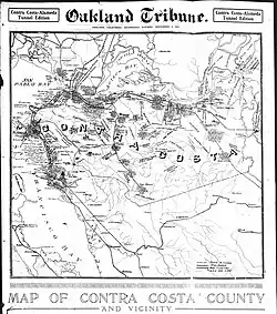 Alhambra Springs visible just south of Martinez below Suisun Bay on "Map of Contra Costa and Vicinity" Oakland Tribune, November 4, 1903
