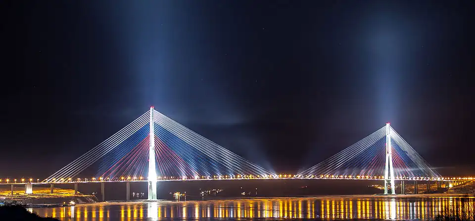 The Russky Bridge in Vladivostok has a central span of 1,104 metres (3,622&nbsp;ft), the world's longest cable-stayed bridge span as of 2024.