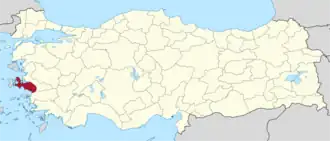 İzmir (I) highlighted in red on a beige political map of Turkeym
