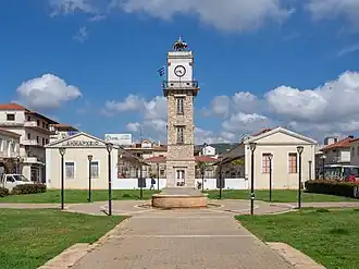 The clock tower of Filiatra with the Town Hall in the background