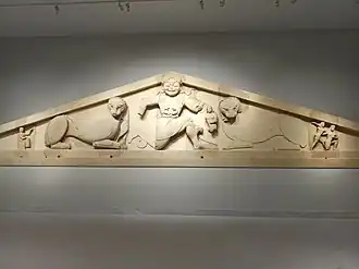 Ancient Greek west pediment of the Temple of Artemis in Corfu, c.580 BC, probably limestone, Archaeological Museum of Corfu, Kerkyra, Greece