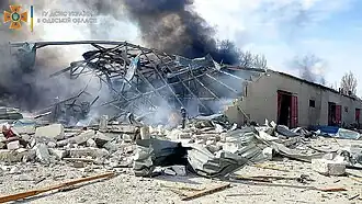 Aftermath of a Russian missile strike against warehouses in Odesa on 24 February 2022