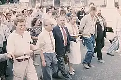 Celebration organiser Dmytro Pavlychko (in centre, facing camera) marching alongside other participants