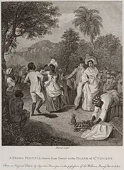 Etching titled A Negro Festival drawn from Nature in the Island of St Vincent/from an original in the collection of Wm. Young[28]