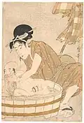 Kitagawa Utamaro's woodcut print Bathtime (行水, Gyōzui), c.1801, 37.3&nbsp;cm ×&nbsp;25.1&nbsp;cm (14.7&nbsp;in ×&nbsp;9.9&nbsp;in), Metropolitan Museum of Art
