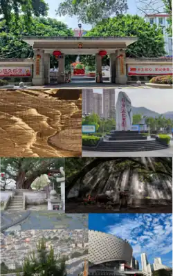 People's government of Xiapu County, Xiaohao Mudflat in Sansha Town, view of Guxian village (古县村), Chinese burbur on a Pinus massoniana, Xiapu Museum, view of Yangjiaxi Scenic Area, Funing Cultural Park (counterclockwise order)