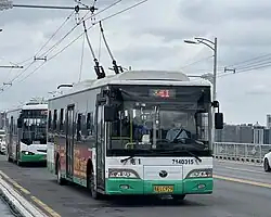 A green and white trolleybus on a bridge.