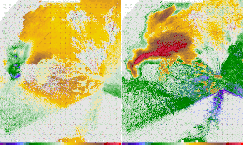 A Doppler on Wheels image of a tornadic thunderstorm near La Grange, Wyoming (USA) captured during the VORTEX2 project. In the velocity image on the left, Blues/green represent winds moving towards the radar, and reds/yellows indicate winds moving away from the radar. In the reflectivity image on the right, the main body of the storm can be seen, with the appendage on the bottom of the storm being a hook echo.
