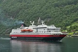 Hurtigruten ship MS Polarlys sailing the Norwegian coast near Geiranger
