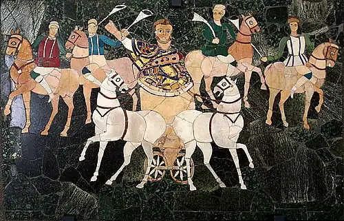 Two-horse chariot bearing the presiding magistrate at a pompa circensis ("circus parade"), from the Basilica of Junius Bassus[7]
