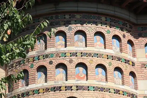 Moldavian style ceramic medallions on the facade of the Saint Nicholas Princely Church, Iași, Romania, originally 1485, restored in c. 1888
