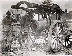 A captured Mrs 99 barrel on its transport wagon.