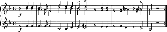 {
\new PianoStaff <<
\new Staff \relative c' {
\key f \major
<<
{ \voiceOne {
c'2 \f d4 d c4. a8 f2
f'2 e4 d c2-> d->
bes c4 c a2 a4 b
c2 b-> a
}}
\new Voice { \voiceTwo {
a2 bes4 bes a4. a8 f2
d'2 c4 bes a2 a
g2 g4 g f2 f4 a
a2 gis a \notemode {b2 \rest} \bar ":|."
}}
>>
}
\new Staff \relative c'{
\key f \major
f2 \f f4 f f4. f8 f2
bes,2 bes4 d f2-> fis->
g2 e4 e f2 f4 d
e2 e2-> a,2 r2
}
>>
}