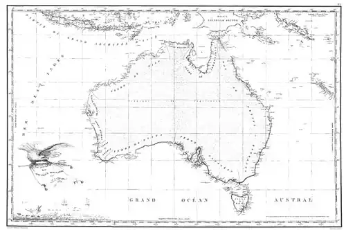 Freycinet Map of 1811 – resulted from the 1800–1803 French Baudin expedition to Australia and was the first full map of Australia ever to be published. In French, the map named the ocean immediately below Australia as the Grand Océan Austral ('Great Southern Ocean').