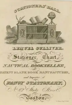 Advertisement for Lemuel Gulliver "stationer, chart and nautical bookseller" c. 1826