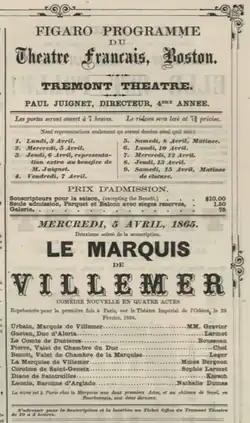 Detail of programme for Paul Juignet's Theatre Francais, 1865