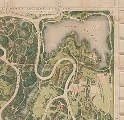 A detail of an 1873 Central Park Map, including the Harlem Meer.