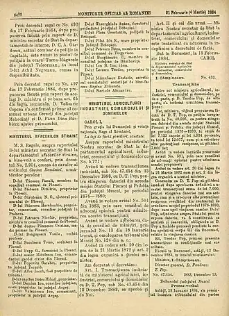 Royal Decree no. 2904 appointing Toma N. Socolescu, published in the Romanian Official Monitor on February 21, 1884, p. 6470.