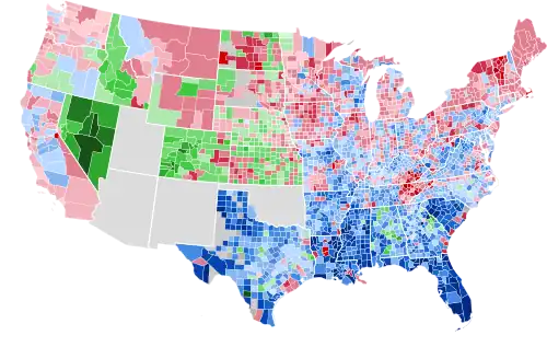 Results by county, shaded according to winning candidate's percentage of the vote