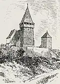 A sketch of the medieval Evangelical Lutheran Transylvanian Saxon fortified church of Brateiu/Pretai by Albert Reich