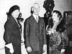 English: Artist Malvina Hoffman; Stanley Field, director and the nephew of the founder of the Field Museum of Natural History in Chicago; and actress Mary Pickford at the 1934 opening of Hoffman's Grand Central Art Galleries exhibition "The Races of Man."