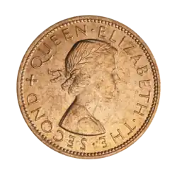 A penny featuring a bust of Elizabeth II, encircled by the text "QUEEN ELIZABETH THE SECOND"