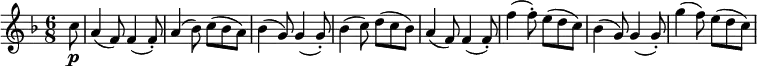 
\new Score {
  \new Staff {
    \relative c'' {
      \time 6/8
      \key f \major
      \clef treble
      \set Score.tempoHideNote = ##t
      \tempo 4. = 120
      \partial 8 c8\p | a4( f8) f4( f8-.) | a4( bes8) c( bes a) | bes4( g8) g4( g8-.) | bes4( c8) d( c bes) |
      a4( f8) f4( f8-.) | f'4( f8-.) e( d c) | bes4( g8) g4( g8-.) | g'4( f8) e( d c) |
    }
  }
}
