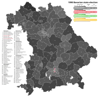 1990 Bavarian state election, Black is CSU, Red is SPD,
