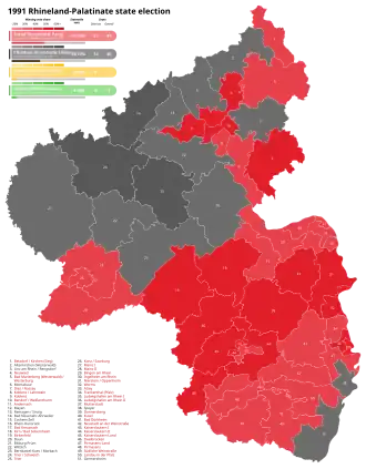 1991 Rhineland-Palatinate state election, Red is SPD, Black is CDU