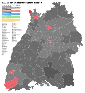 1992 Baden-Württemberg state election, Black is CDU, Red is SPD