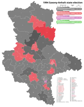 1994 Saxony-Anhalt state election, Black is CDU, Red is SPD, Pink is PDS
