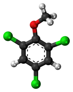 Ball-and-stick model of the 2,4,6-trichloroanisole molecule