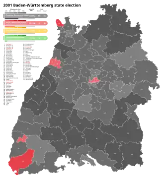 2001 Baden-Württemberg state election, Black is CDU, Red is SPD