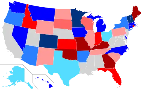 Net changes to lower house seats after the 2004 elections &nbsp;&nbsp;&nbsp;&nbsp;&nbsp;+1 Dem seat &nbsp;&nbsp;&nbsp;&nbsp;&nbsp;+2 Dem seats &nbsp;&nbsp;&nbsp;&nbsp;&nbsp;+3–5 Dem seats &nbsp;&nbsp;&nbsp;&nbsp;&nbsp;+7–29 Dem seats &nbsp;&nbsp;&nbsp;&nbsp;&nbsp;+1 Rep seat &nbsp;&nbsp;&nbsp;&nbsp;&nbsp;+2 Rep seats &nbsp;&nbsp;&nbsp;&nbsp;&nbsp;+3–5 Rep seats &nbsp;&nbsp;&nbsp;&nbsp;&nbsp;+6–25 Rep seats