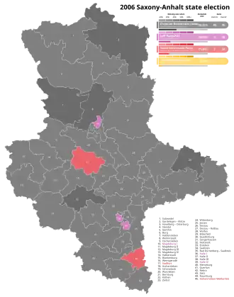 2006 Saxony-Anhalt state election, Black is CDU, Pink is Linke, Red is SPD