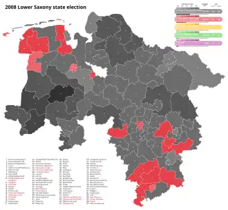 2008 Lower Saxony state election, Red is SPD, Black is CDU