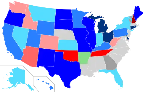 Net changes to lower house seats after the 2008 elections &nbsp;&nbsp;&nbsp;&nbsp;&nbsp;+1 Dem seat &nbsp;&nbsp;&nbsp;&nbsp;&nbsp;+2 Dem seats &nbsp;&nbsp;&nbsp;&nbsp;&nbsp;+3–5 Dem seats &nbsp;&nbsp;&nbsp;&nbsp;&nbsp;+6–9 Dem seats &nbsp;&nbsp;&nbsp;&nbsp;&nbsp;+1 Rep seat &nbsp;&nbsp;&nbsp;&nbsp;&nbsp;+2 Rep seats &nbsp;&nbsp;&nbsp;&nbsp;&nbsp;+4 Rep seats &nbsp;&nbsp;&nbsp;&nbsp;&nbsp;+15 Rep seats &nbsp;&nbsp;&nbsp;&nbsp;&nbsp;+1 Ind seat &nbsp;&nbsp;&nbsp;&nbsp;&nbsp;+1 Green seat