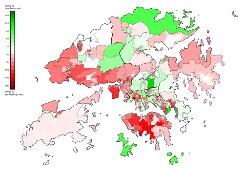 The election showed large swings in Mid-Levels areas in Hong Kong Island and New Territories West, particularly in Tsuen Wan, Tuen Mun, Kwai Tsing, Tin Shui Wai, and Tseung Kwan O in New Territories East, but the rural areas as well as urban areas in Sheung Shui, Tai Po, Sha Tin and Wong Tai Sin showed a small swing back to the pro-democrats.