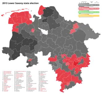 2013 Lower Saxony state election, Red is SPD, Black is CDU