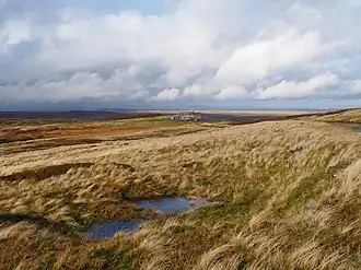 Moorland with Stone building in the distance.