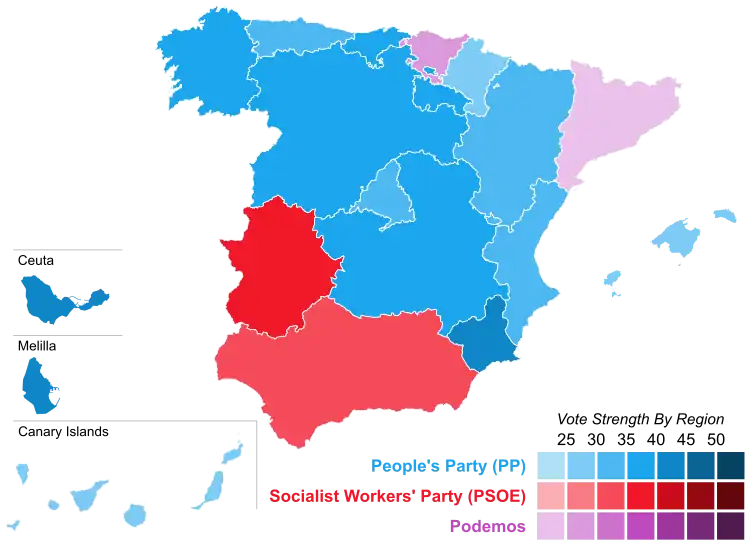 Map of Spain showcasing winning party's strength by autonomous community