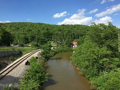 View northeast down the North Branch Potomac River from the Gorman-Gormania Bridge (U.S. Route 50) between Gormania, Grant County, West Virginia and Gorman, Garrett County, Maryland