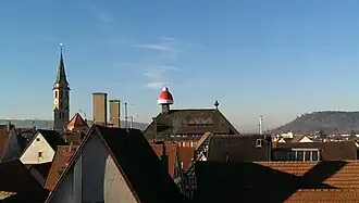 Rooftop perspective over the old town, including the hat on top of the town hall during the annual Christmas Market