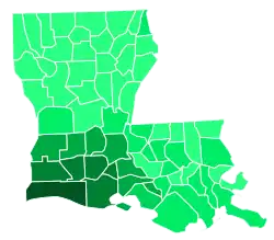 Support for Boustany by parish: &nbsp;&nbsp;>50% &nbsp;&nbsp;40–50% &nbsp;&nbsp;30–40% &nbsp;&nbsp;20–30% &nbsp;&nbsp;10–20% &nbsp;&nbsp;<10%