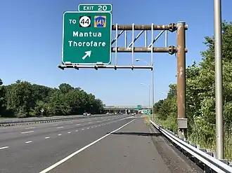 Signage indicating exit to Thorofare from southbound Interstate Highway 295