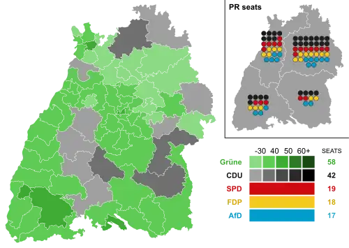 2021 Baden-Württemberg state election, Black is CDU, Green is A90/The Greens.