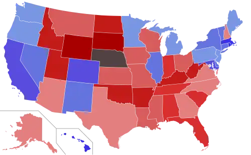 Lower house seats by party holding majority in each state Republican&nbsp;&nbsp;50–60%&nbsp;&nbsp;60–70%&nbsp;&nbsp;70–80%&nbsp;&nbsp;80–90%&nbsp;&nbsp;90–100% Democratic&nbsp;&nbsp;50–60%&nbsp;&nbsp;60–70%&nbsp;&nbsp;70–80%&nbsp;&nbsp;80–90%
