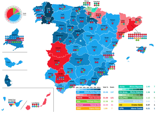 Map of Spain showcasing seat distribution by Congress of Deputies constituency